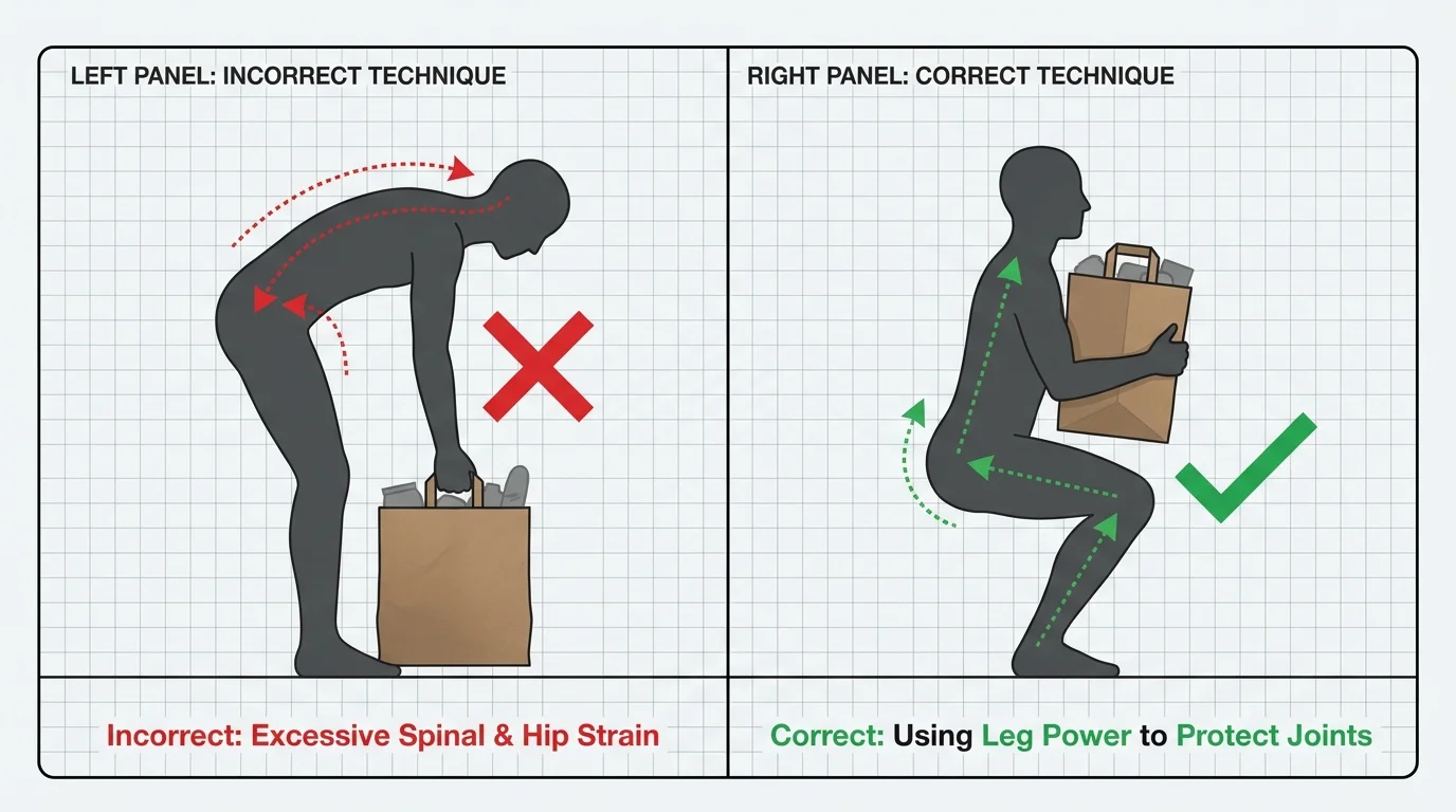 An instructional diagram comparing the wrong way to lift a heavy bag (bending the back) with the right way (bending the knees).