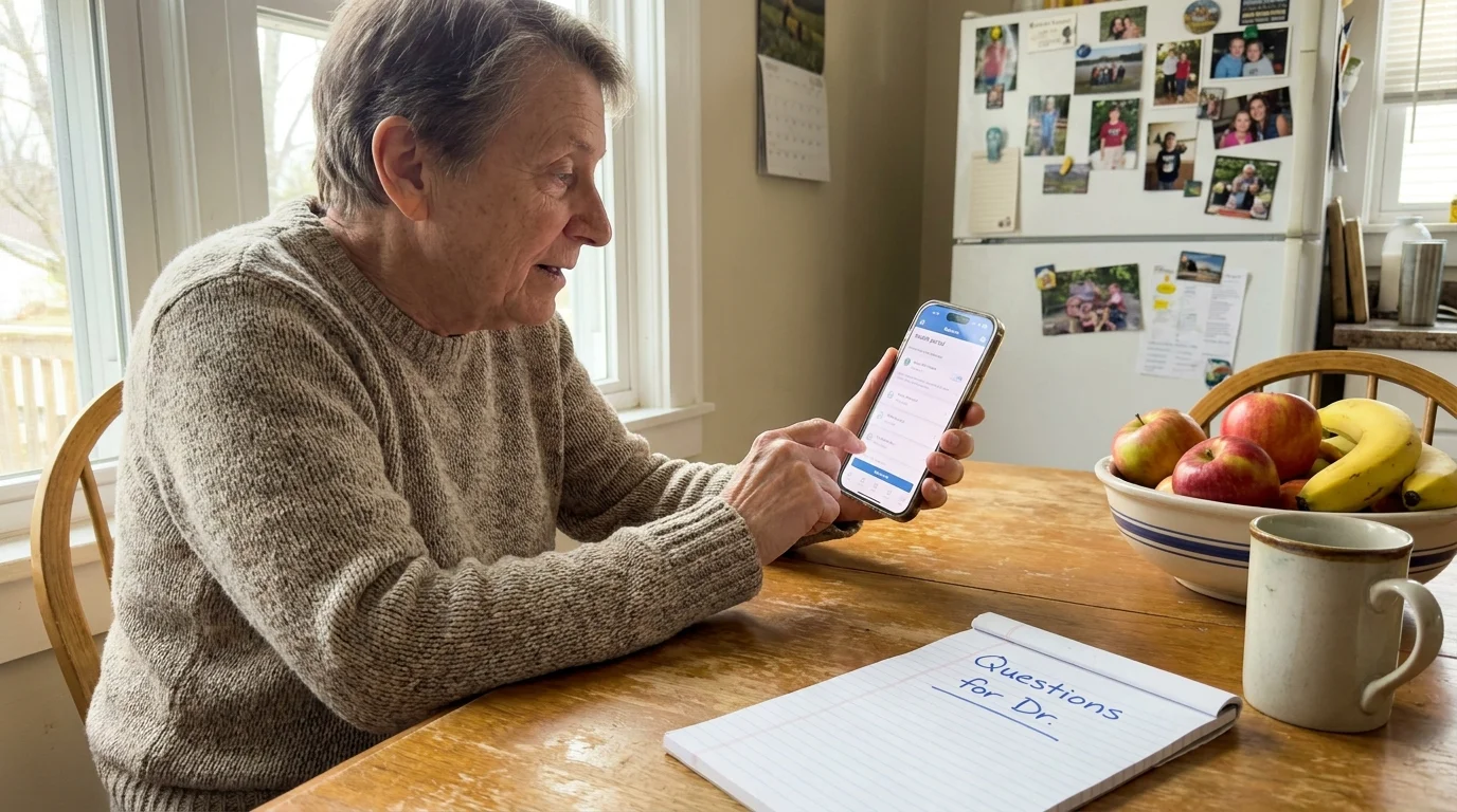 An older adult at a kitchen table, looking at a notepad labeled 'Questions for Dr.' while using their phone.