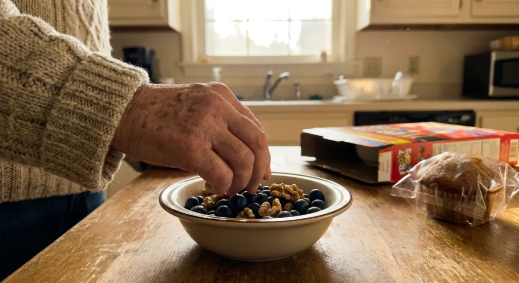 An older adult reaching for a bowl of fresh berries and nuts on a sunlit kitchen table, with sugary cereal in the background.