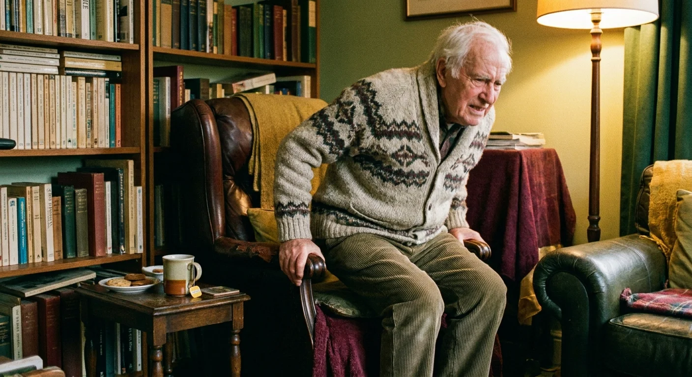 An older man beginning to stand up from a deep armchair in a cozy, lamp-lit living room, appearing slightly stiff.