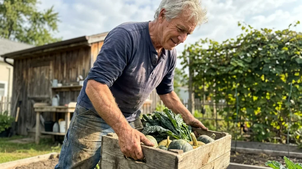 An older man in a garden confidently lifting a heavy crate of vegetables, showcasing physical strength and vitality in the morning sun.