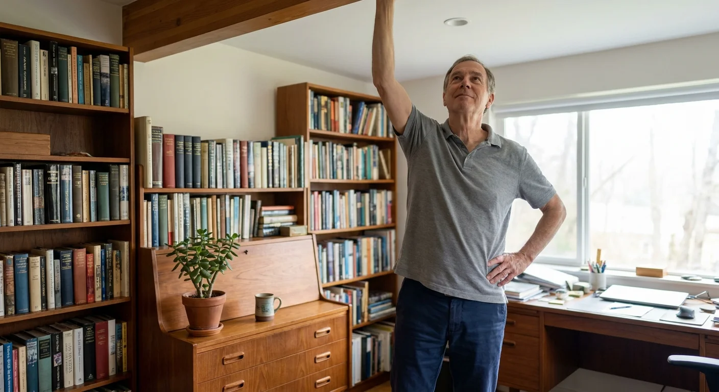 An older man stands up from his desk to stretch, breaking up a period of sitting.