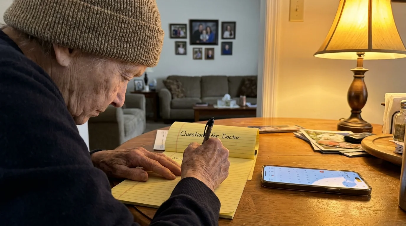 An older woman at home writing a list of questions for her doctor on a notepad.