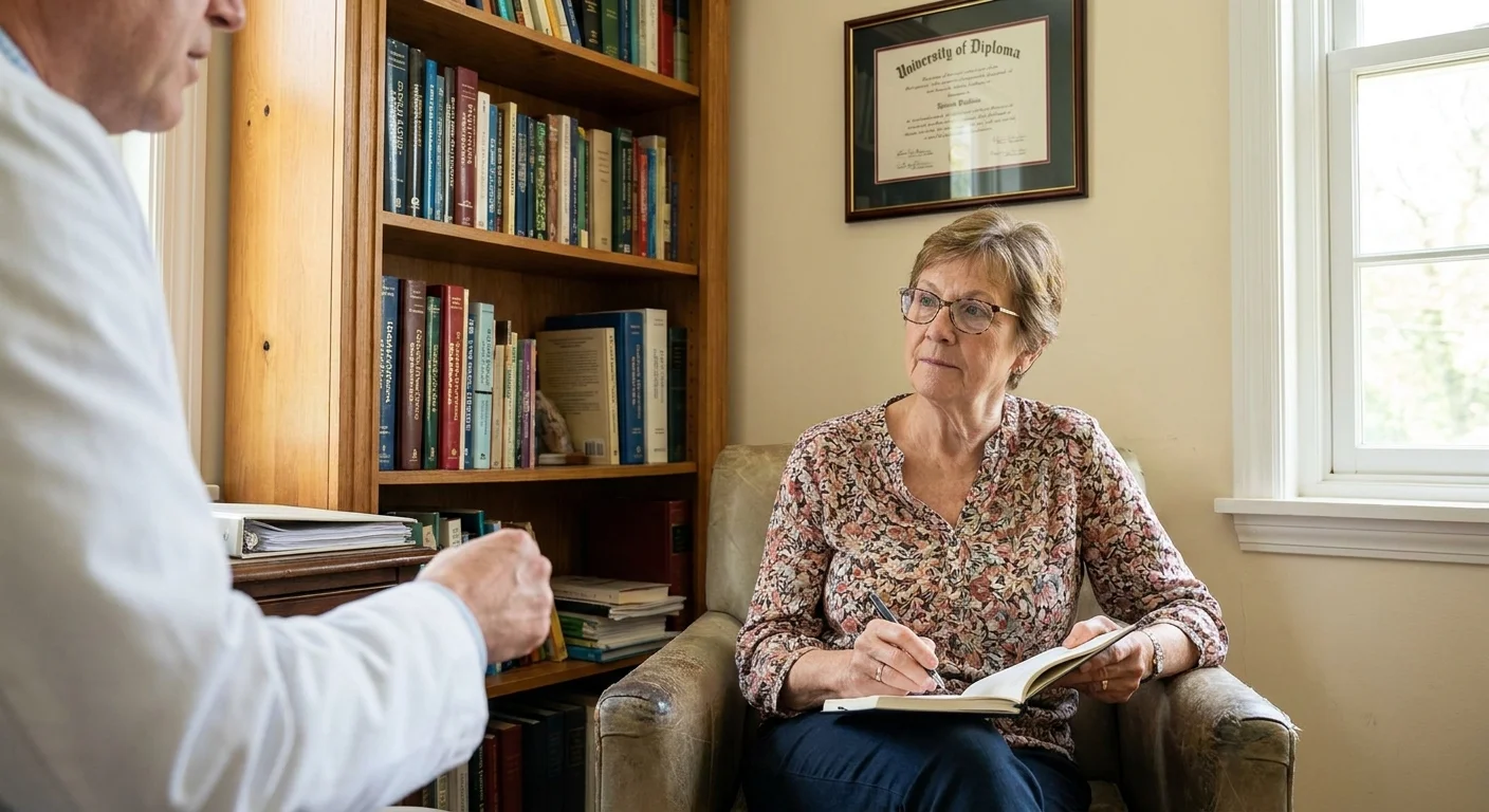 An older woman in a consultation with her doctor, holding a notebook and looking engaged in the conversation.