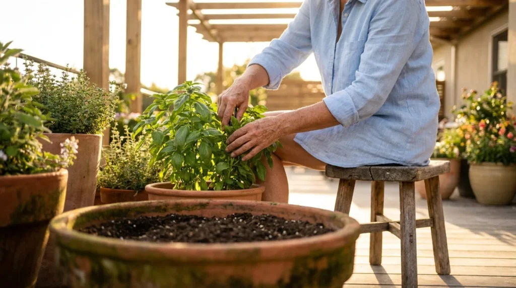 An older woman in a linen shirt tends to garden plants on a sunny patio during golden hour, symbolizing vitality and health.