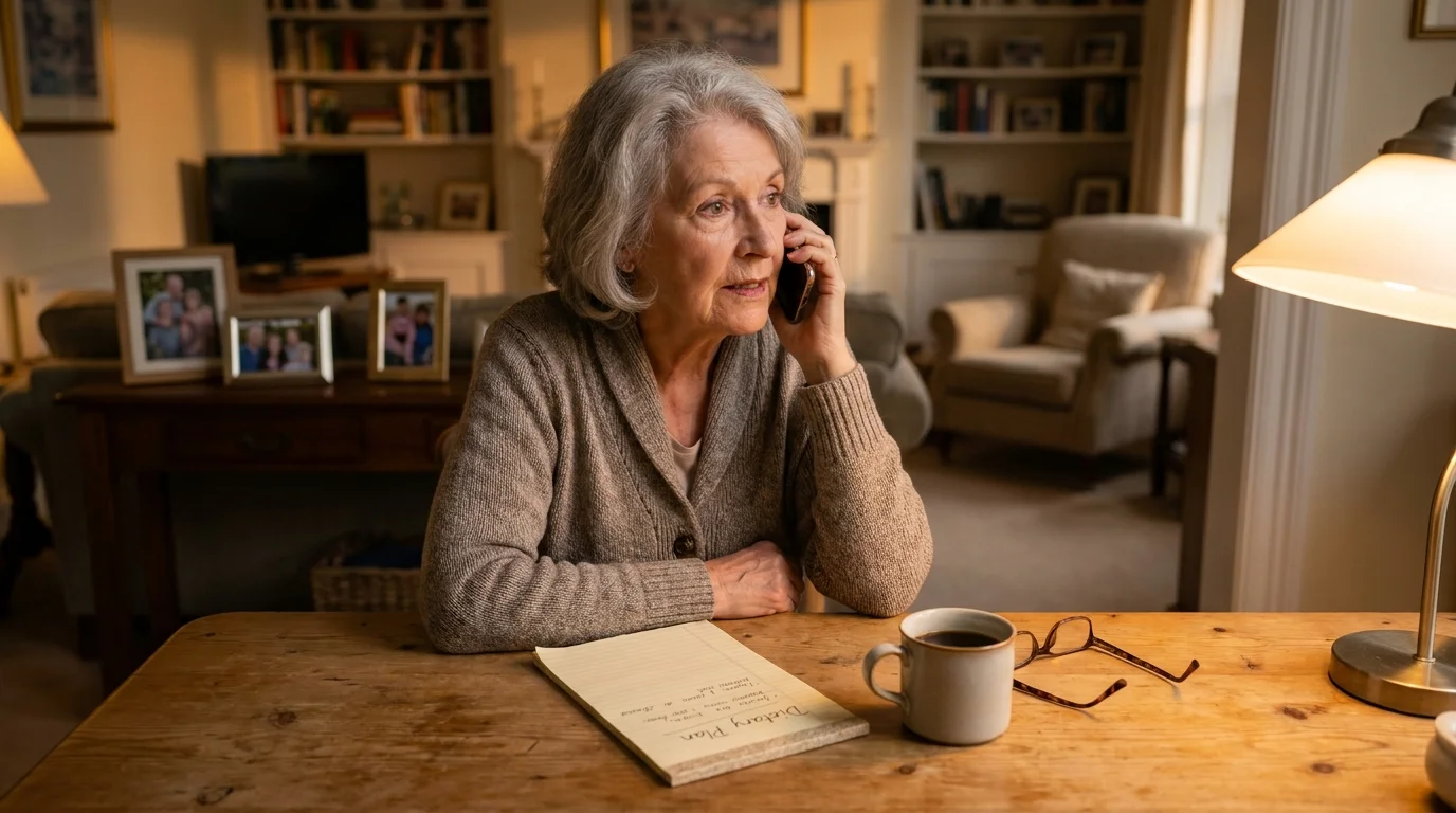 An older woman sitting at her kitchen table and consulting her doctor over the phone while taking notes on her diet.