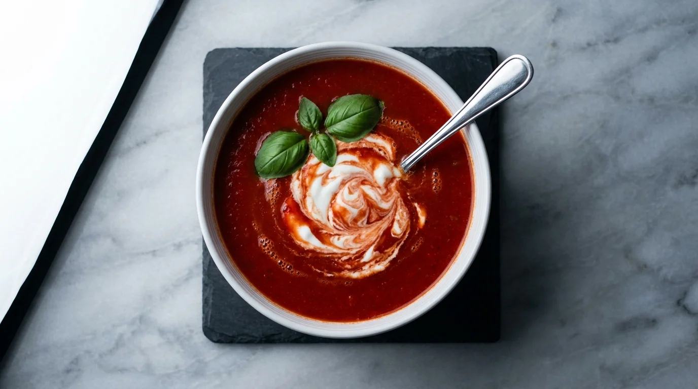An overhead shot of a bowl of tomato soup with a white swirl of Greek yogurt and fresh basil.