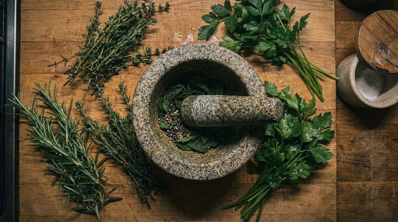 An overhead shot of a stone mortar and pestle surrounded by fresh rosemary, thyme, and parsley on a wooden counter.
