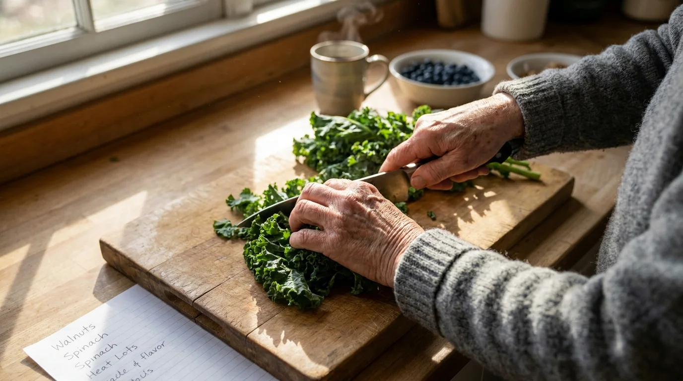 An overhead shot of senior hands chopping kale on a wooden board in a sunlit kitchen with a grocery list nearby.