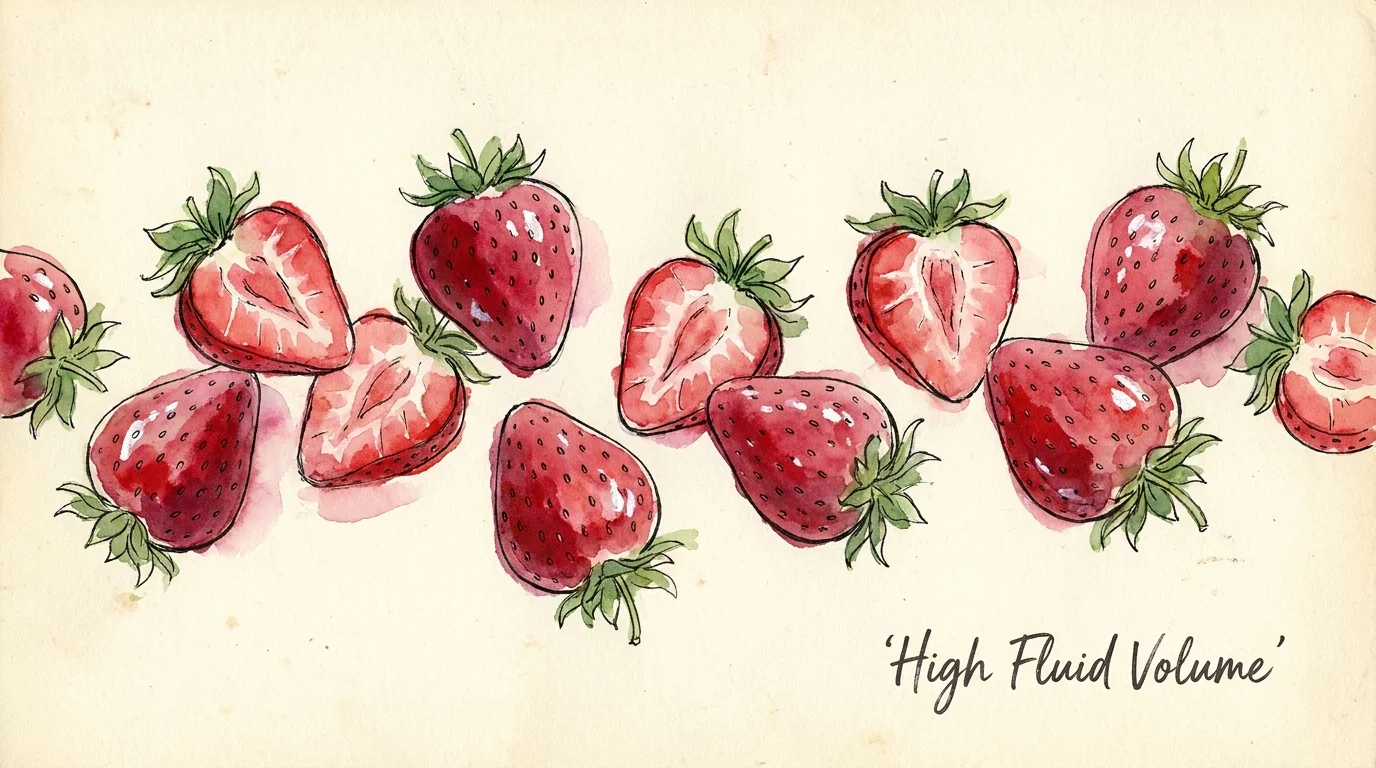Artistic watercolor painting of fresh strawberries scattered across a light background.
