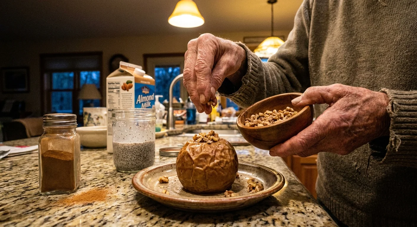 Candid shot of a senior preparing a baked apple with walnuts and cinnamon in a cozy, sunlit home kitchen.