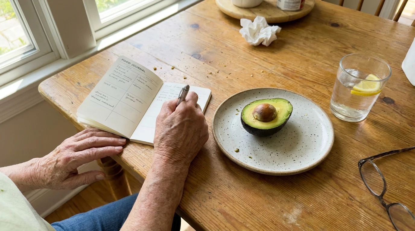 Close-up of a person's hands writing in a food journal on a kitchen table next to healthy food.