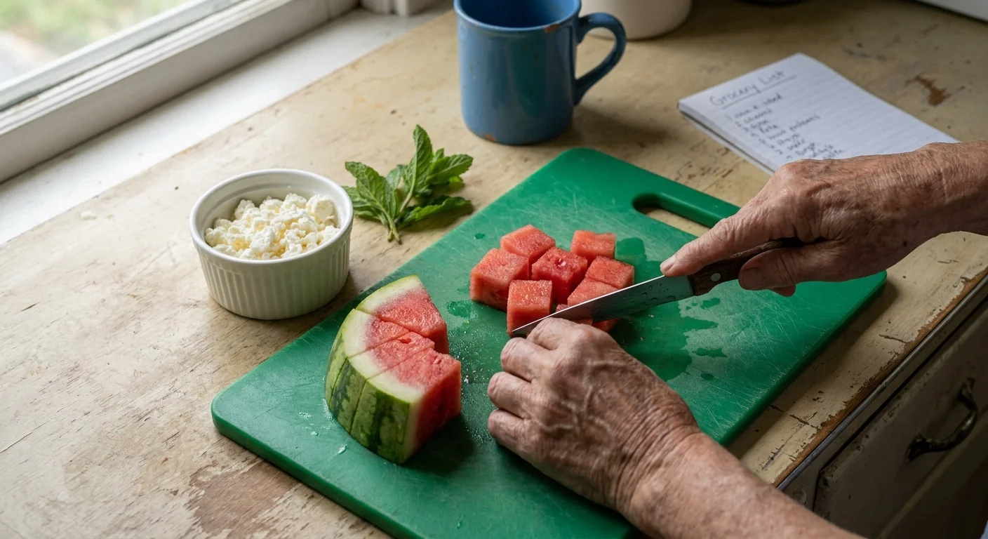 Close-up of a senior's hands dicing fresh watermelon on a kitchen counter with mint and feta nearby.
