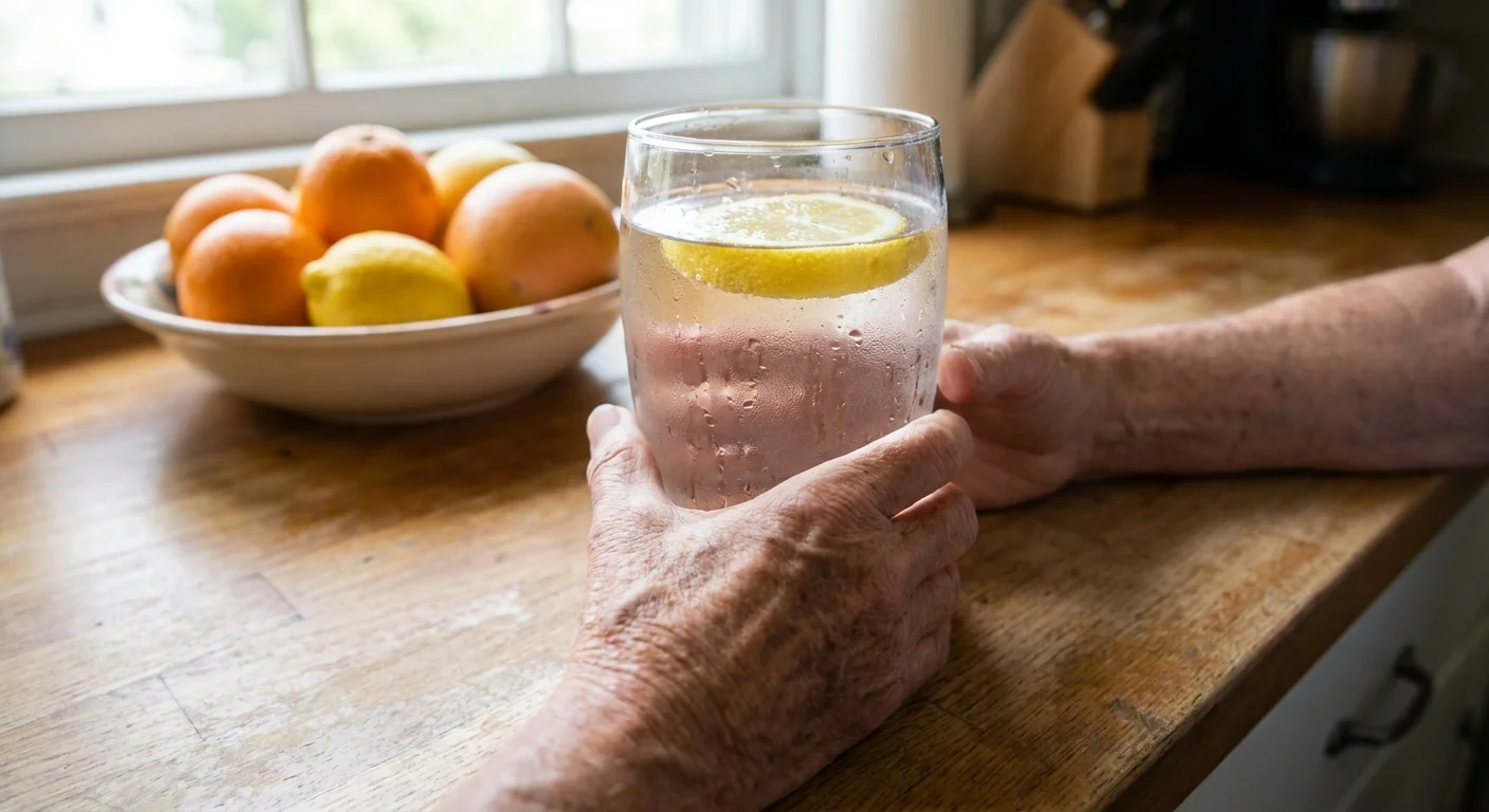 Close-up of a senior's hands holding a glass of water with a lemon slice, highlighting hydration.