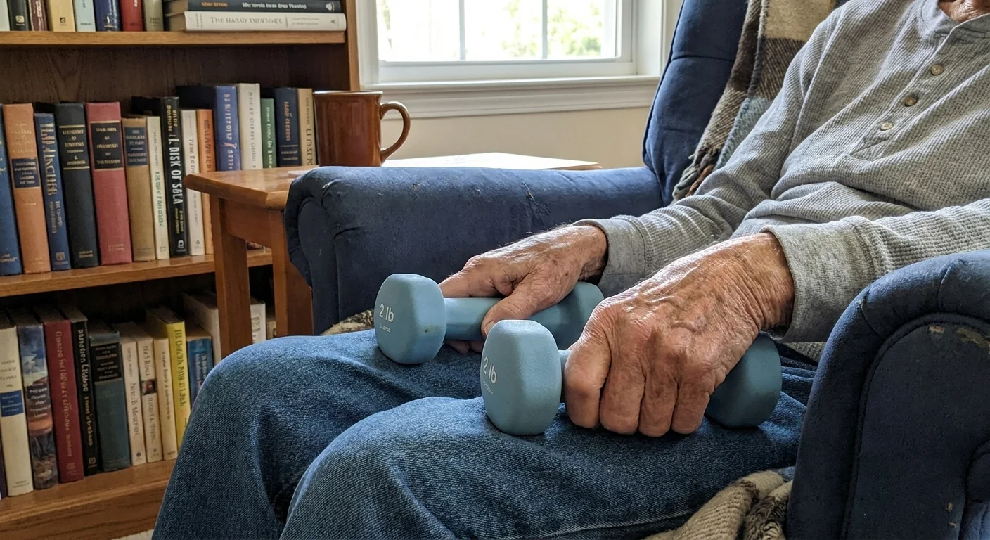 Close-up of a senior's hands holding light blue dumbbells while sitting in a comfortable home setting.