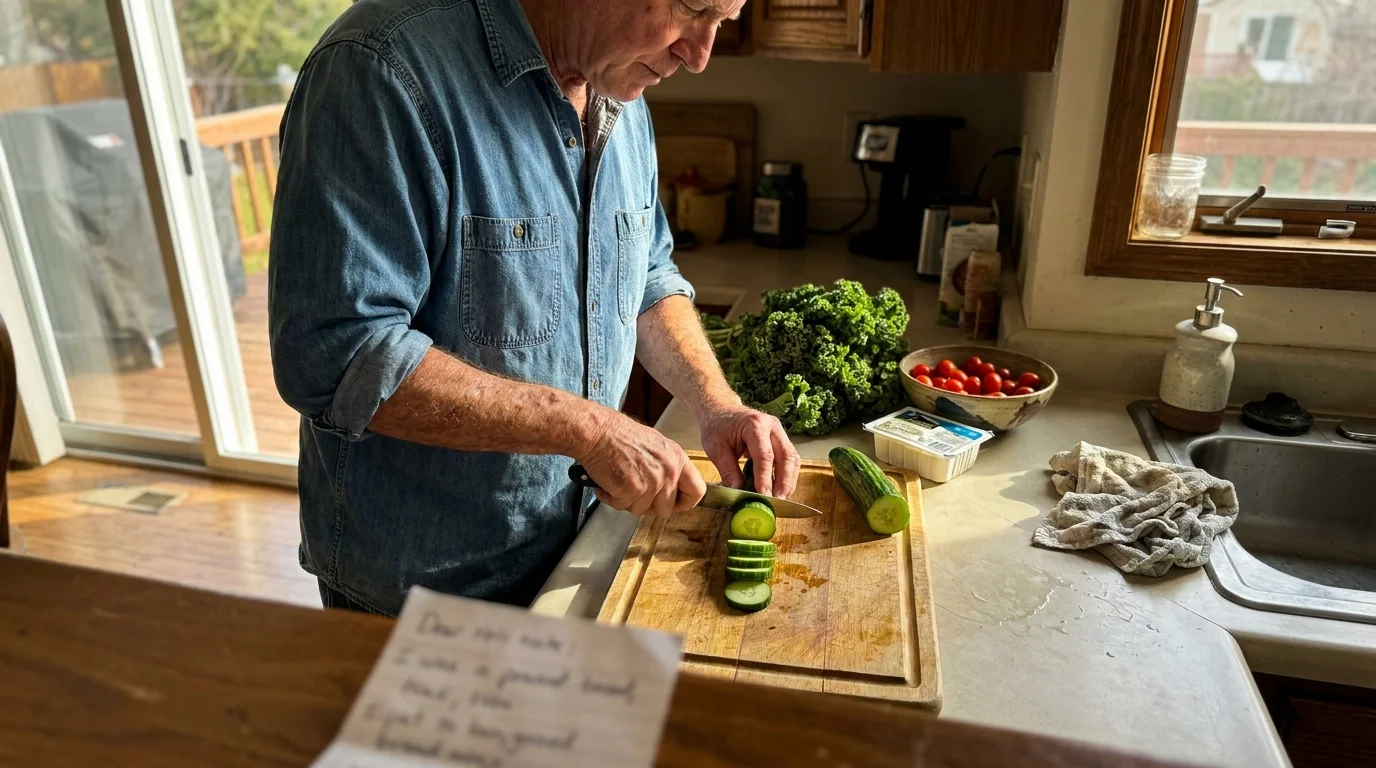Close-up of an older man's hands slicing fresh vegetables on a wooden cutting board in a sunlit, domestic kitchen.