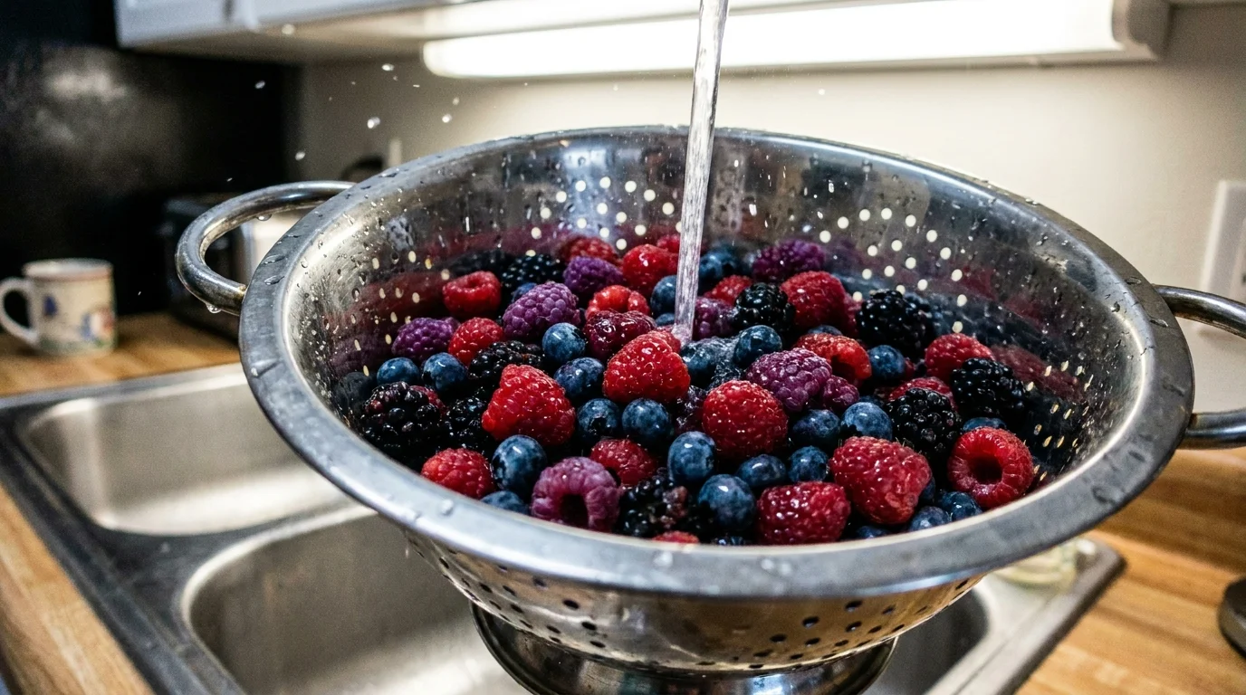 Fresh berries being rinsed in a colander, with water droplets sparkling on their vibrant surfaces.