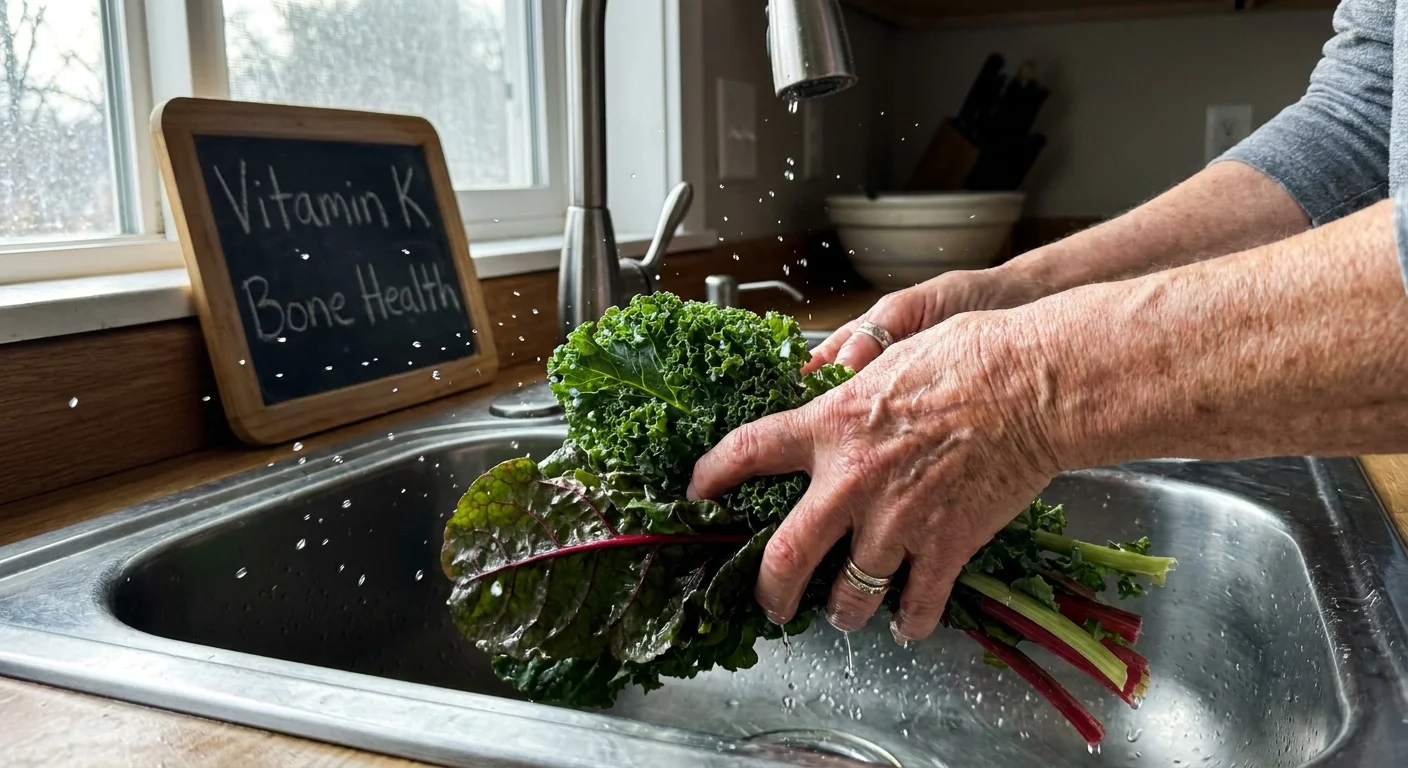 Hands washing fresh kale and Swiss chard in a kitchen sink with sunlight reflecting on the water.