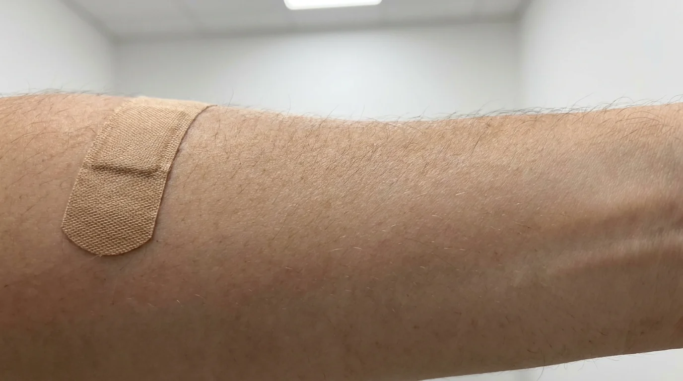 Macro photograph of a small bandage on a senior's arm, highlighting skin texture.