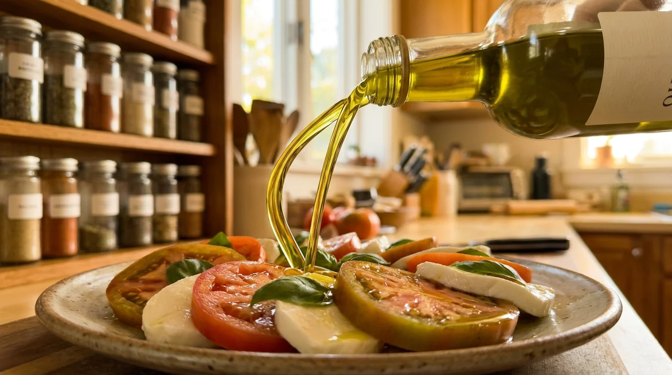 Olive oil being poured onto fresh tomatoes, showing a golden glisten and rich texture.