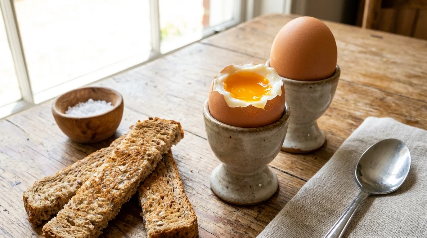 Soft-boiled eggs with bright orange yolks on a breakfast table with toast.