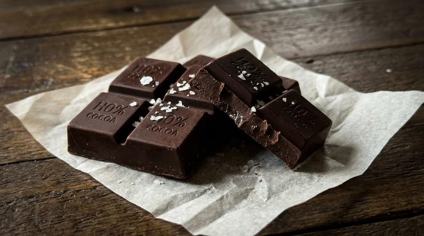 Squares of dark chocolate on parchment paper, showing a clean break and cocoa texture.