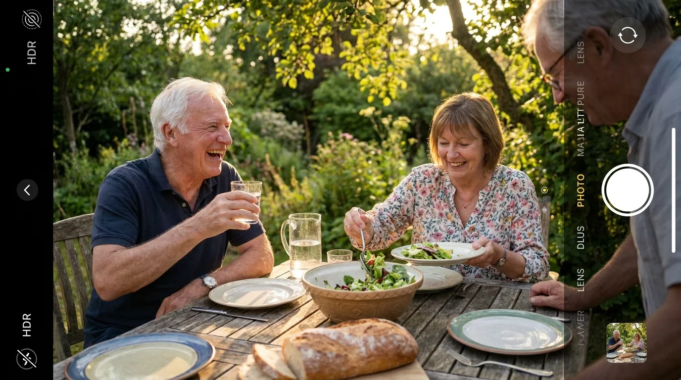 Three older adults laughing and sharing a healthy meal together at an outdoor garden table during sunset.