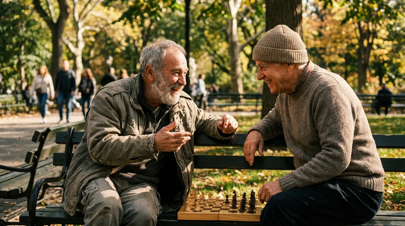 Two older men laughing together while sitting on a park bench with a chess set between them.