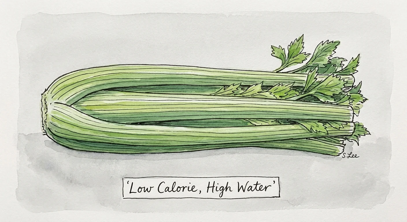 Watercolor art of crisp celery stalks, emphasizing their high water content.