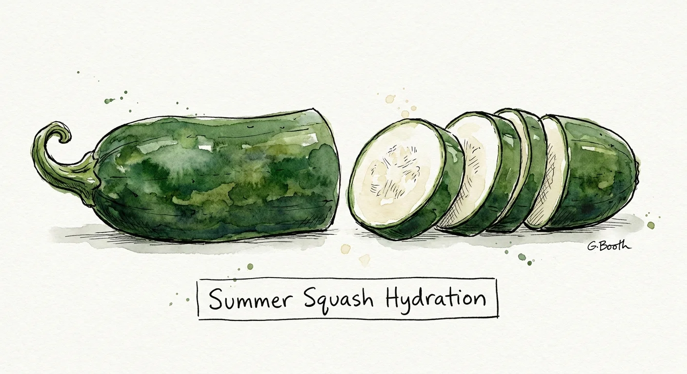 Watercolor art showing a whole zucchini and several circular slices.