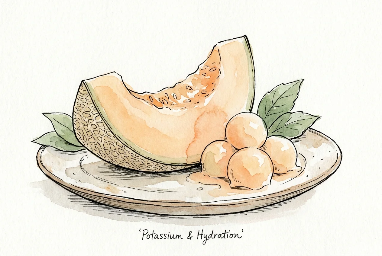 Watercolor illustration of cantaloupe wedges and melon balls on a textured background.