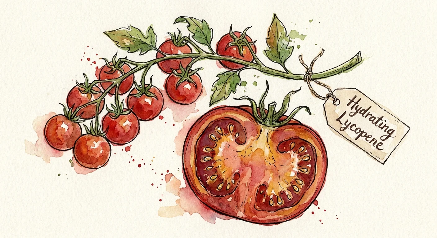 Watercolor illustration of fresh tomatoes on the vine and a juicy slice.