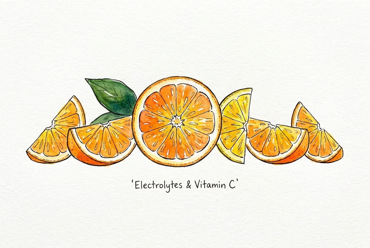 Watercolor illustration of orange slices and segments, highlighting their nutritional value.