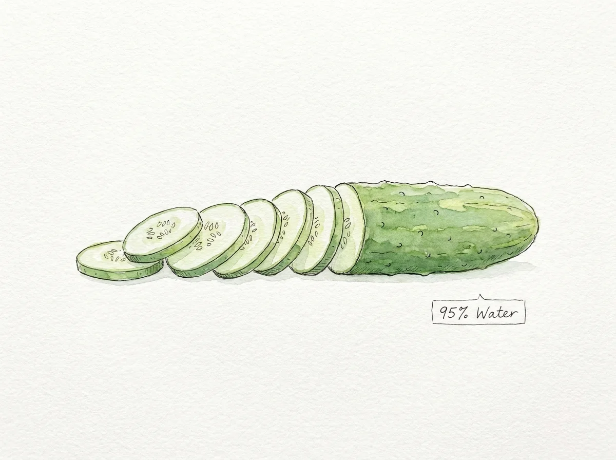 Watercolor illustration of sliced cucumbers with a label highlighting their 95 percent water content.