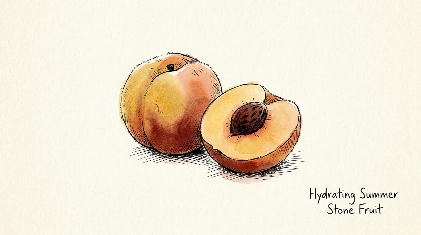 Watercolor painting of ripe peaches, showing a whole fruit and a juicy slice.