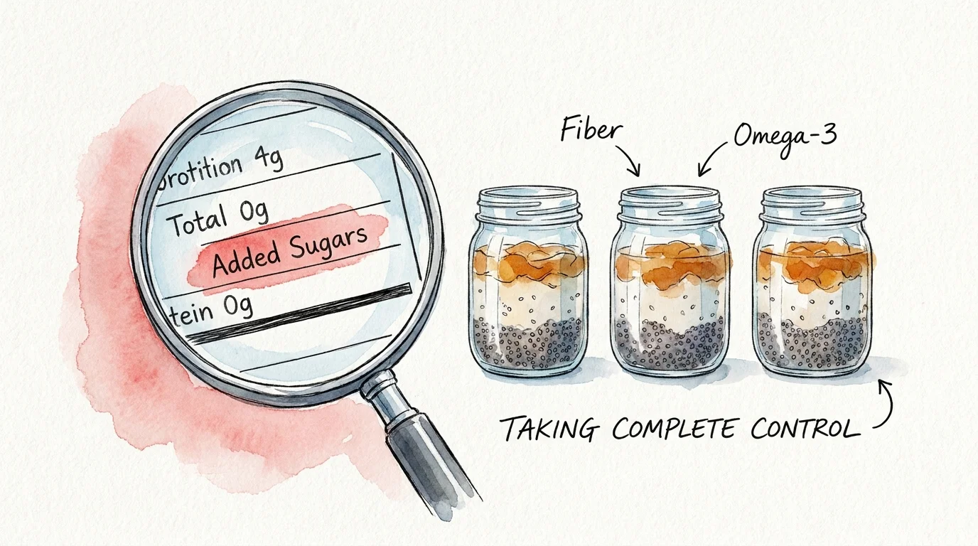 Watercolor sketch of a magnifying glass over a nutrition label next to three portion-controlled jars of chia pudding.