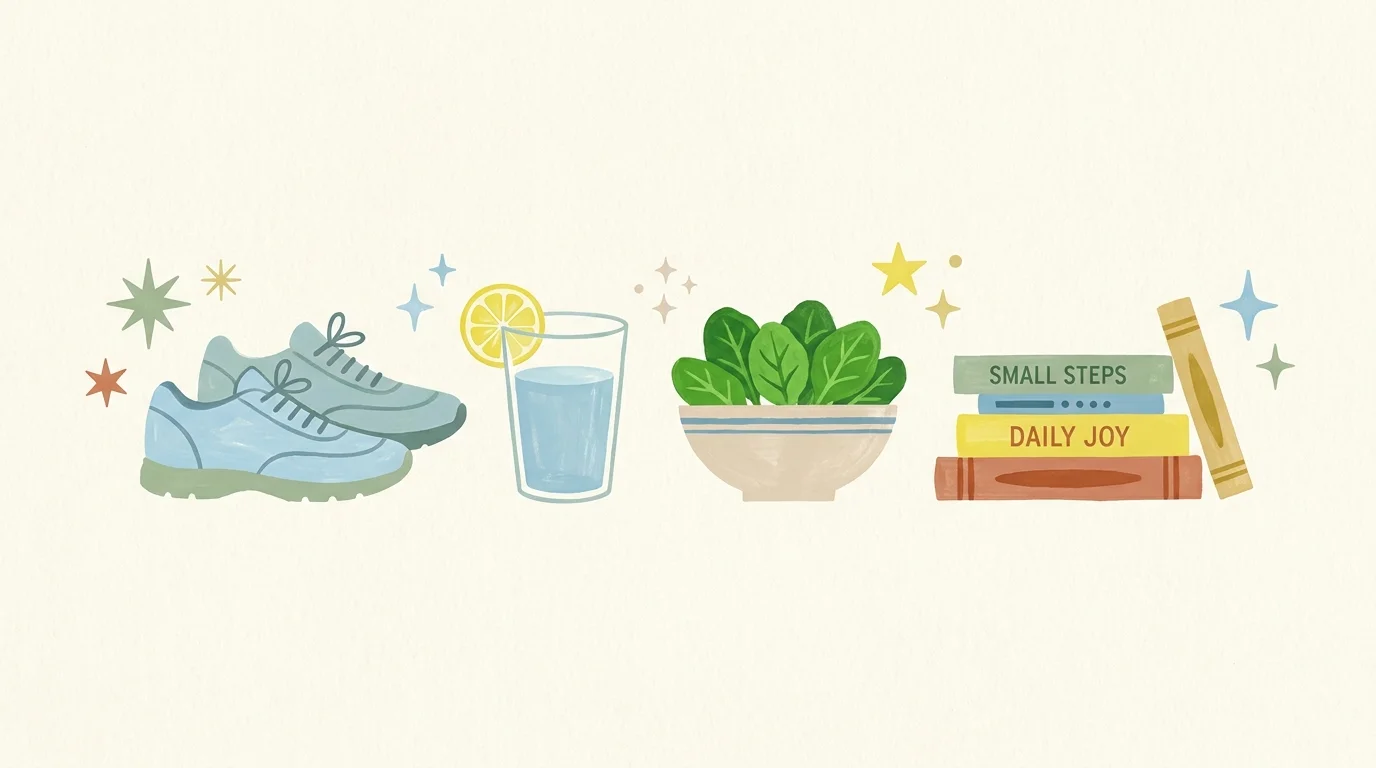 Whimsical gouache illustrations of walking shoes, water, and healthy food, representing simple lifestyle adjustments.