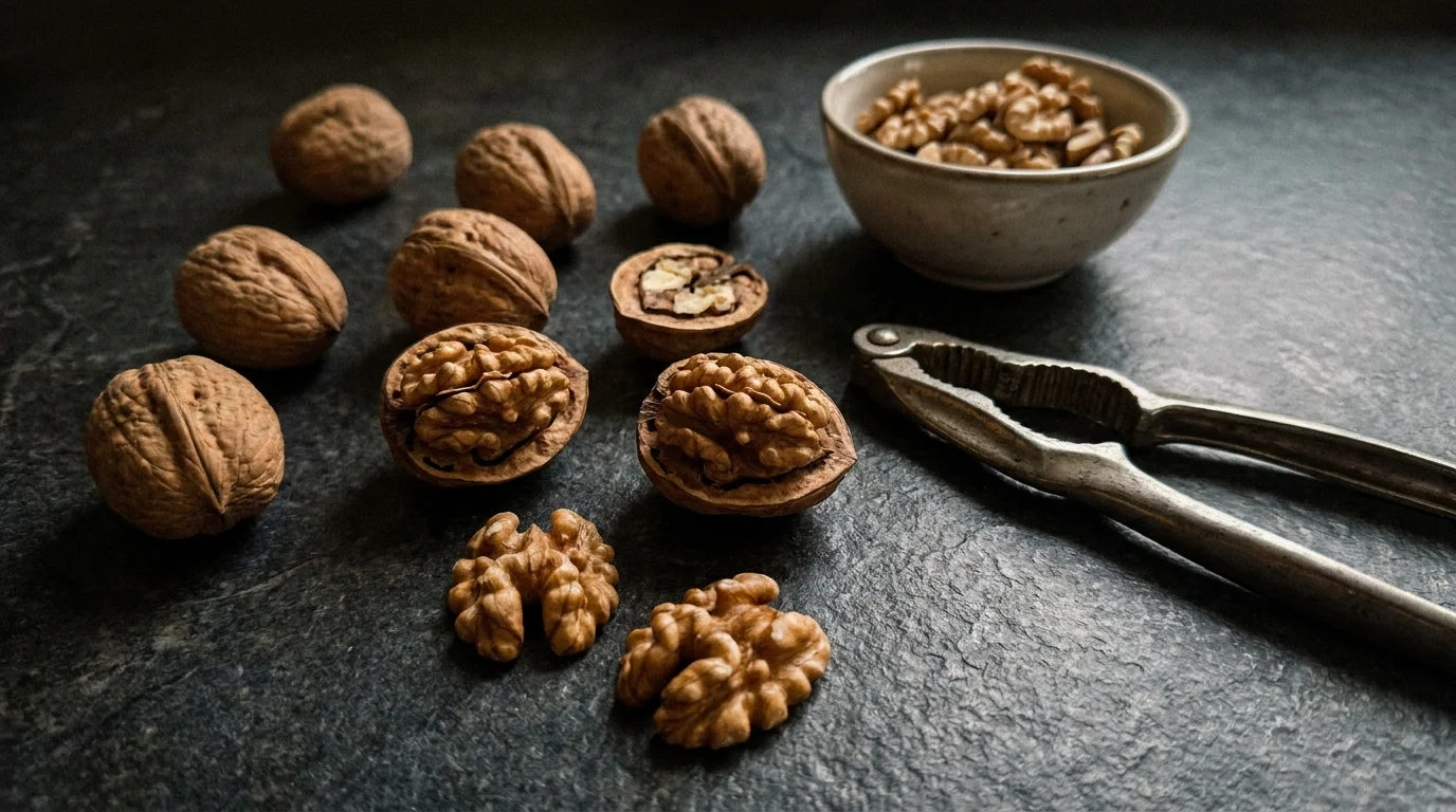 Whole and halved walnuts scattered on a stone countertop with a nutcracker.