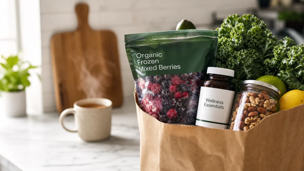 A brown paper grocery bag filled with organic berries and health supplements on a bright marble kitchen counter in soft morning light.