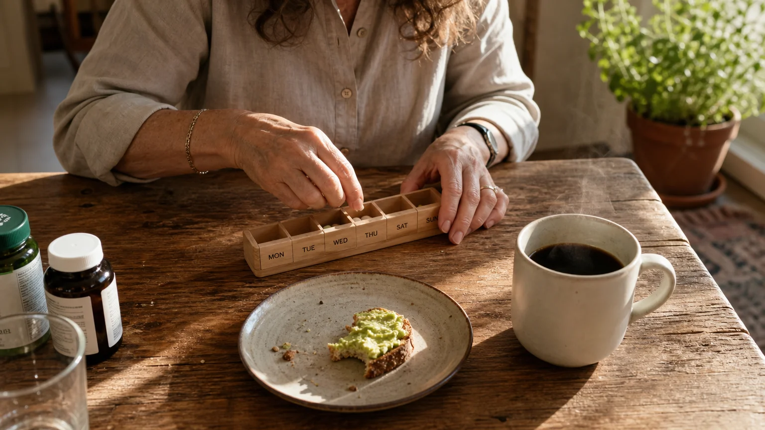 A candid overhead shot of hands sorting vitamins into a wooden weekly organizer next to a cup of morning coffee on a sunlit table.