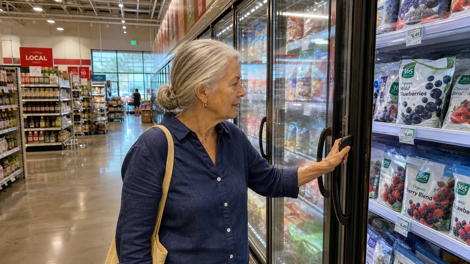 A candid photo of a senior woman shopping in the frozen food aisle of a brightly lit, modern grocery store.