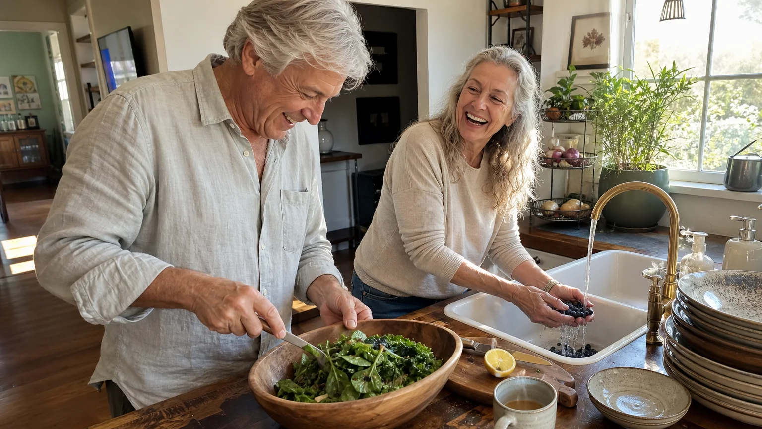 A candid photograph of a senior couple happily preparing a fresh green salad and berries together in their sunlit kitchen.