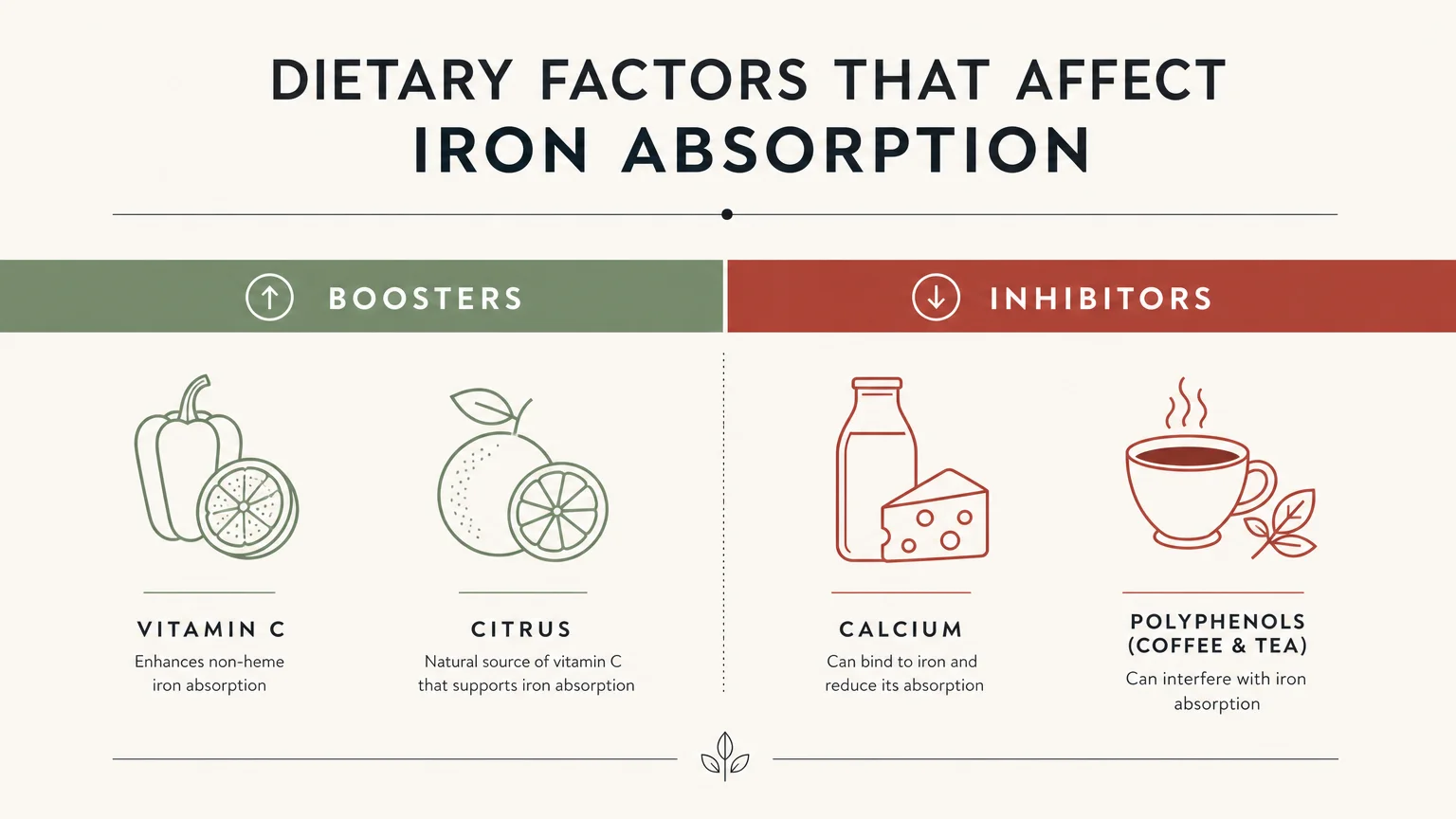 A clean comparison diagram showing iron absorption boosters like vitamin C versus inhibitors like calcium and coffee.