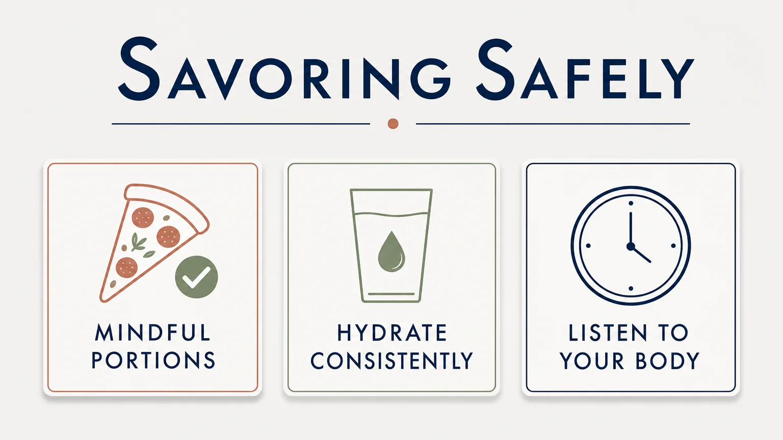 A clean infographic with three panels labeled 'Mindful Portions', 'Hydrate Consistently', and 'Listen to Your Body'.