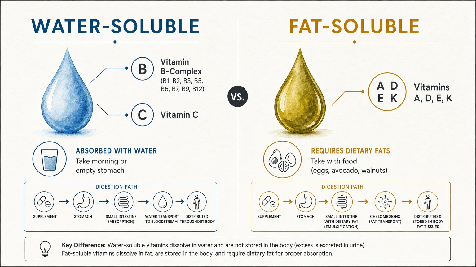 A clean, minimalist diagram showing the difference in absorption requirements between water-soluble and fat-soluble vitamins.