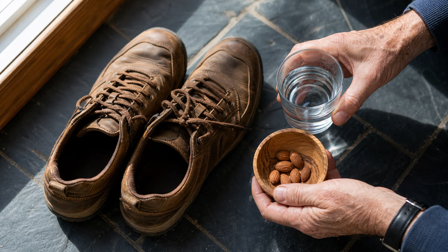 A close-up of a senior's hands next to walking shoes and a healthy snack, symbolizing a daily routine for nerve health.