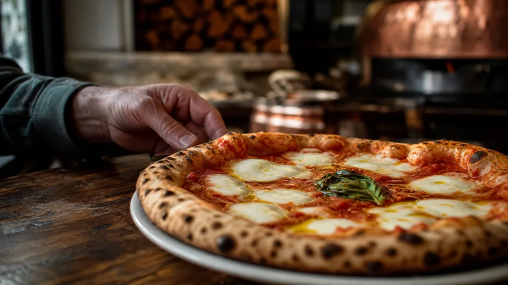 A close-up photograph of a fresh Neapolitan pizza with a charred crust and basil, as a senior reaches for a slice in a warm restaurant.
