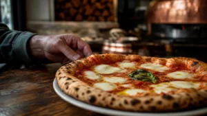 A close-up photograph of a fresh Neapolitan pizza with a charred crust and basil, as a senior reaches for a slice in a warm restaurant.