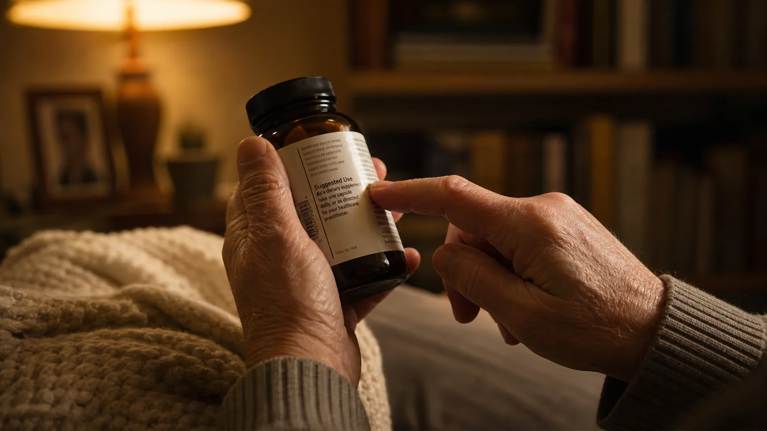 A close-up photograph of mature hands holding an amber vitamin bottle and reading the safety label in warm afternoon light.