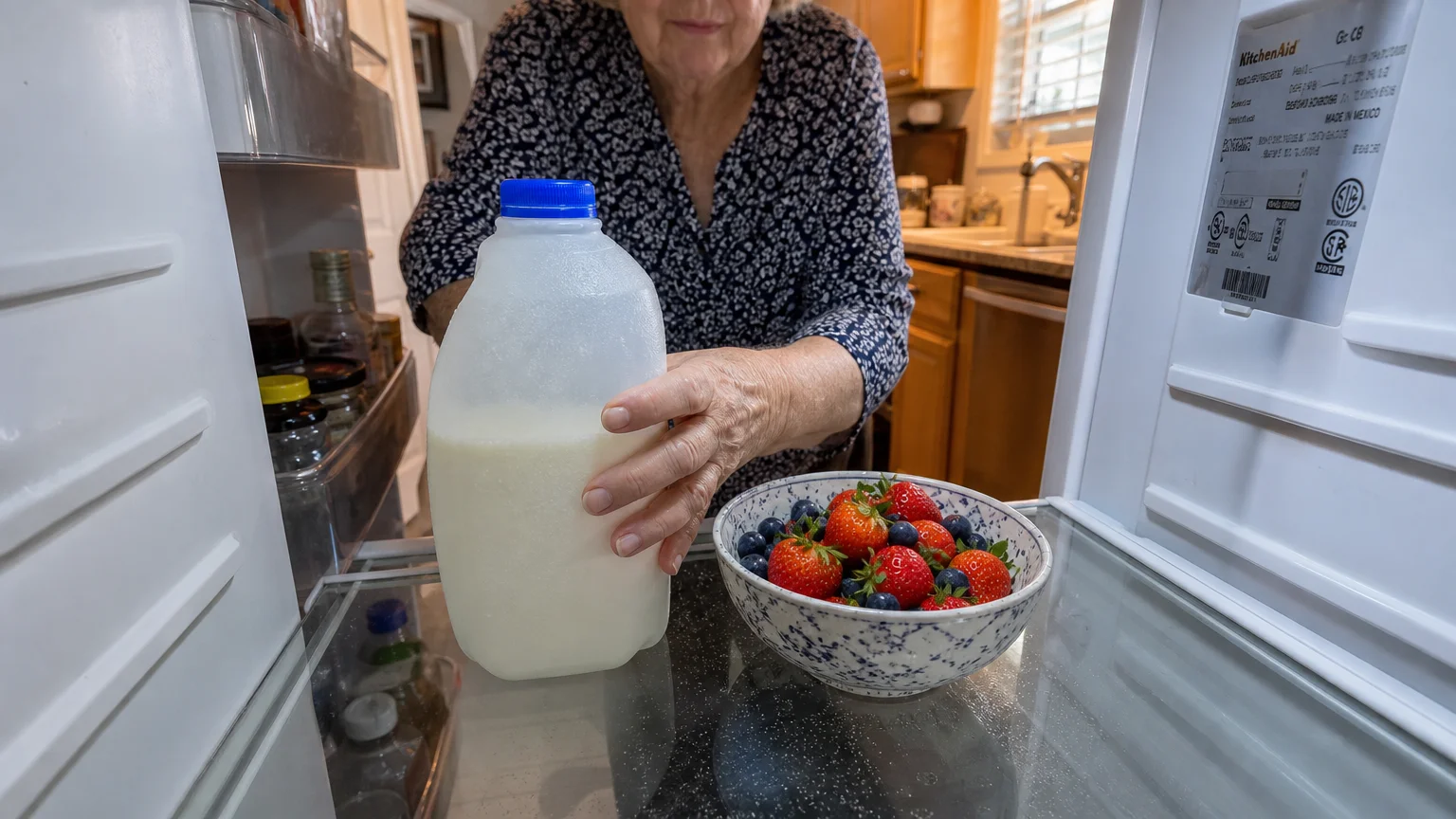 A close-up view of weathered hands placing a gallon of milk on the safe, cold bottom shelf inside a refrigerator.